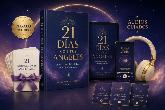 Ángel luminoso recorriendo un sendero celestial de veintiuna luces doradas