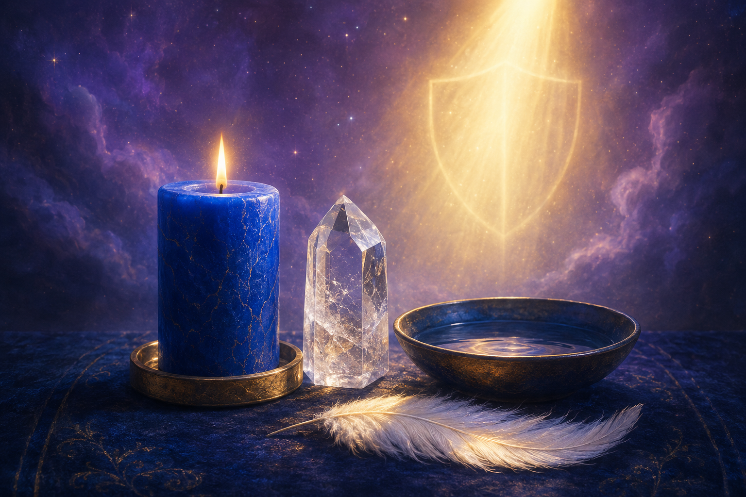 Vela azul, cuarzo, agua y pluma para una práctica con el Arcángel Miguel