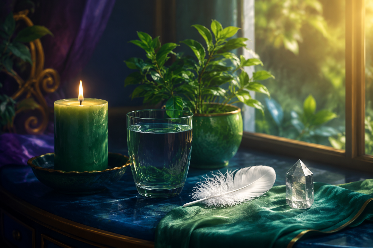 Vela verde, agua, planta, pluma y cuarzo para una oración de bienestar