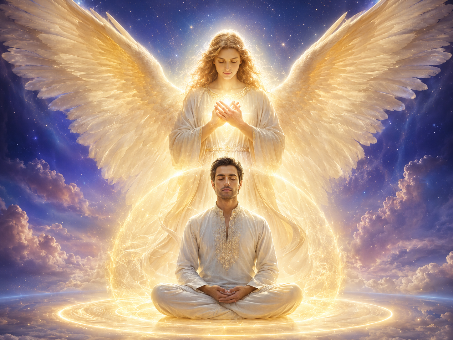 Ángel luminoso protegiendo a una persona en meditación