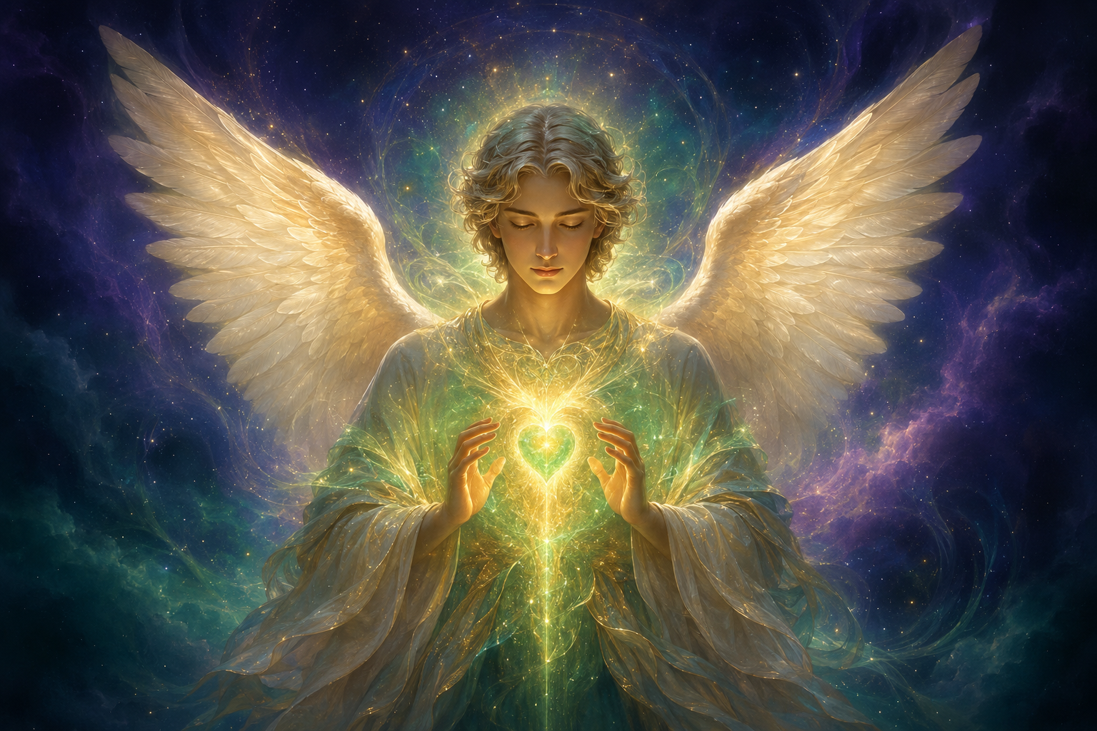 Ángel de sanación con luz verde y dorada