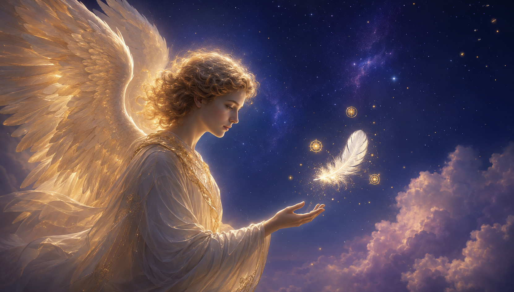 Ángel contemplando una pluma blanca luminosa