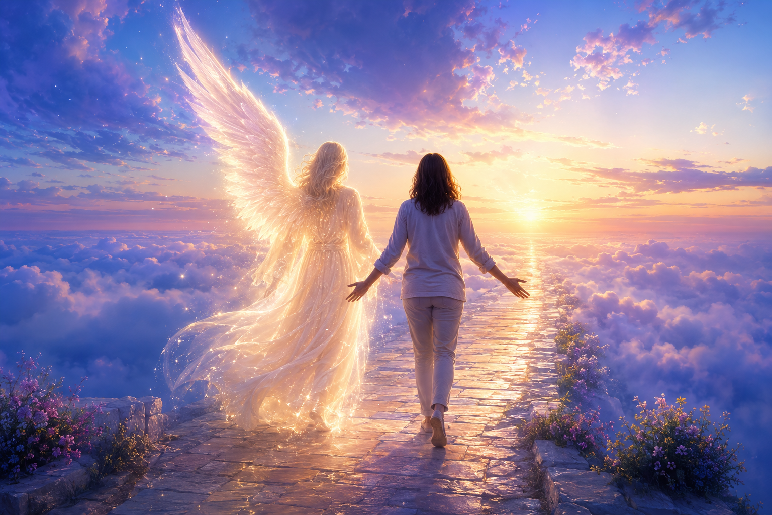 Persona caminando al amanecer junto a un ángel guardián de luz
