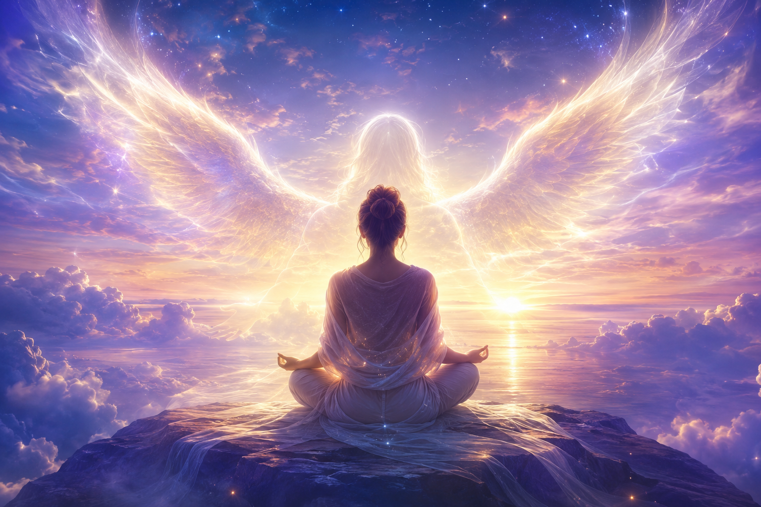 Persona meditando acompañada por un ángel de luz