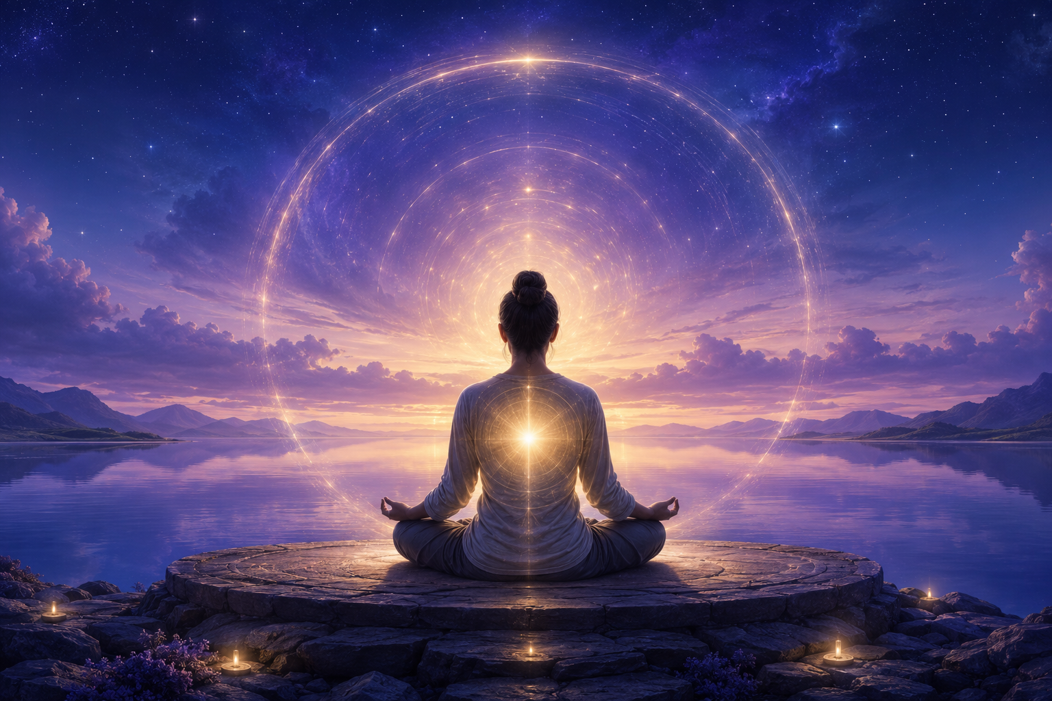 Persona meditando con una luz protectora en su centro