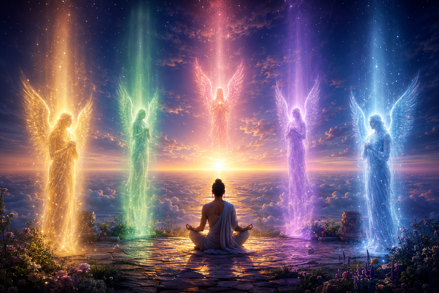 Persona meditando ante cinco presencias angelicales de luz