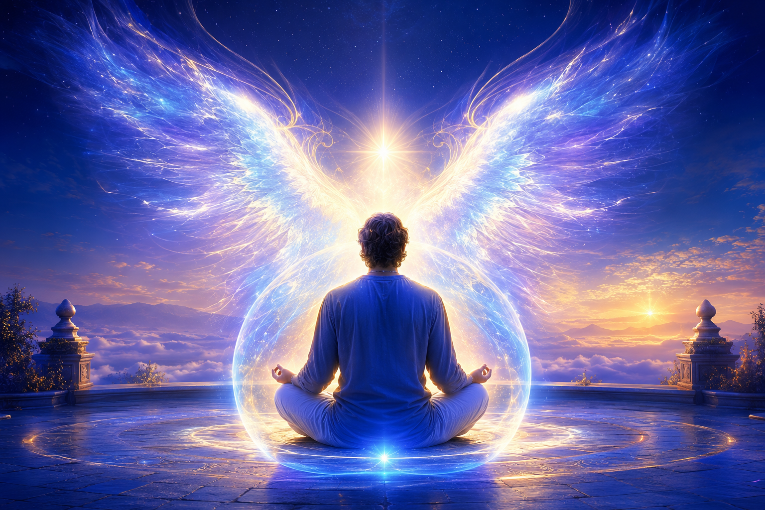 Persona meditando dentro de una esfera azul y alas de luz