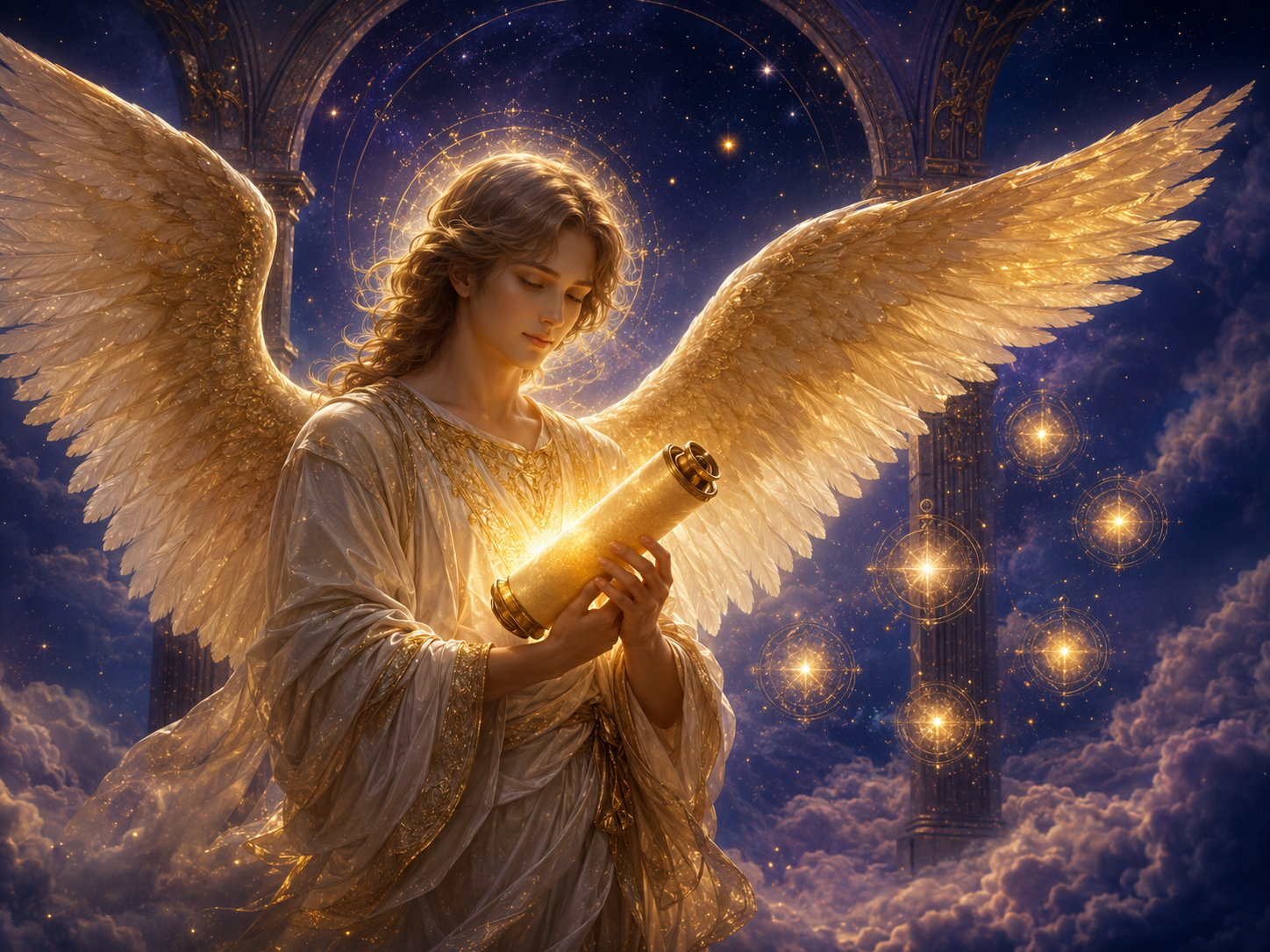Ángel celestial sosteniendo un pergamino de luz rodeado por siete estrellas doradas