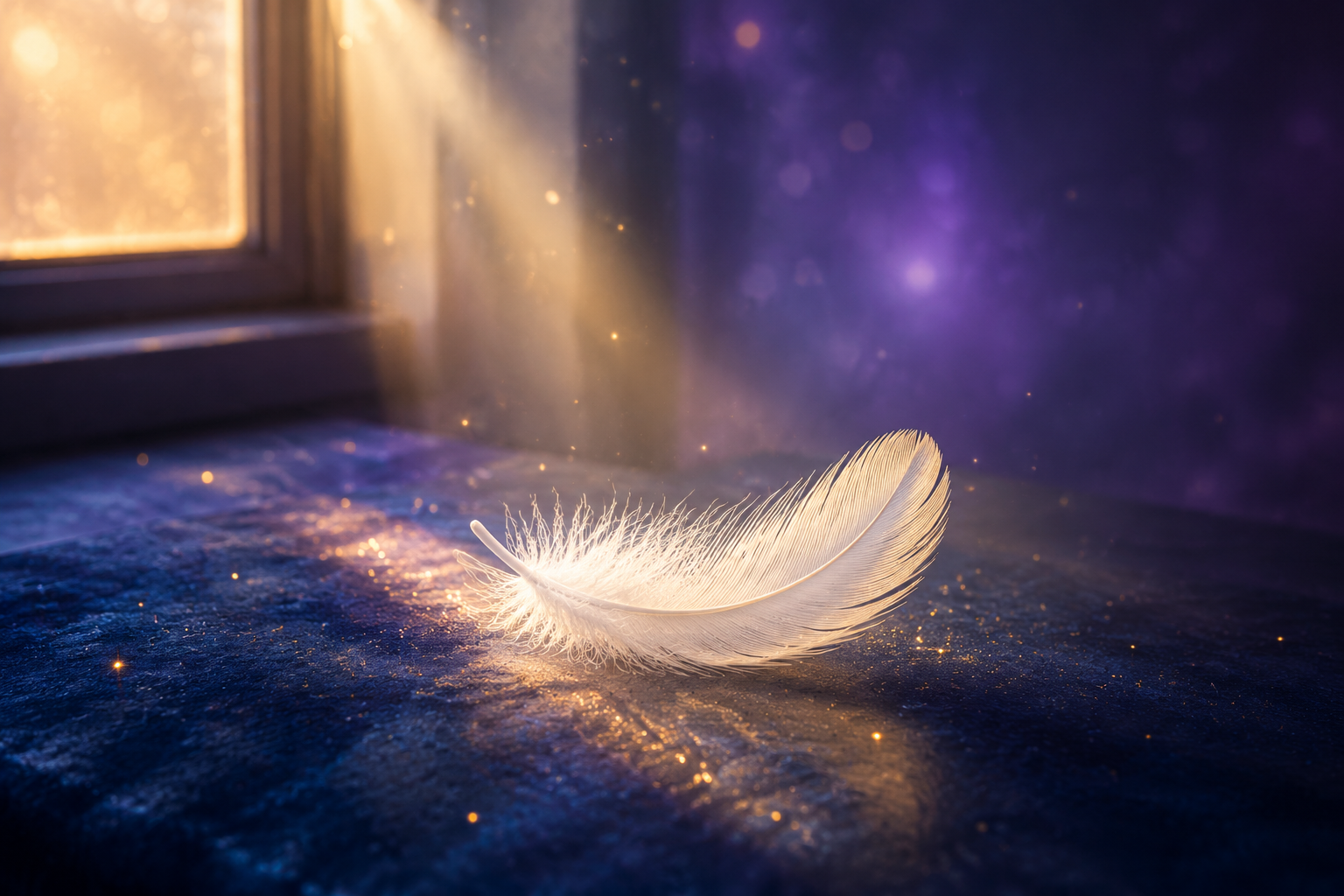 Pluma blanca iluminada por una luz dorada