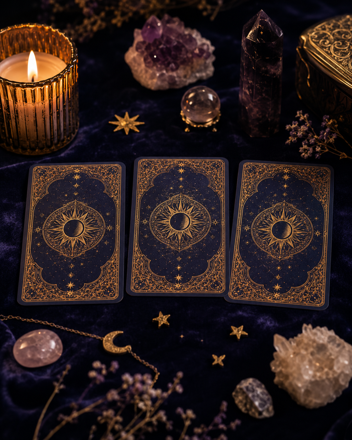 Tres cartas de tarot sobre terciopelo azul con cristales y una vela
