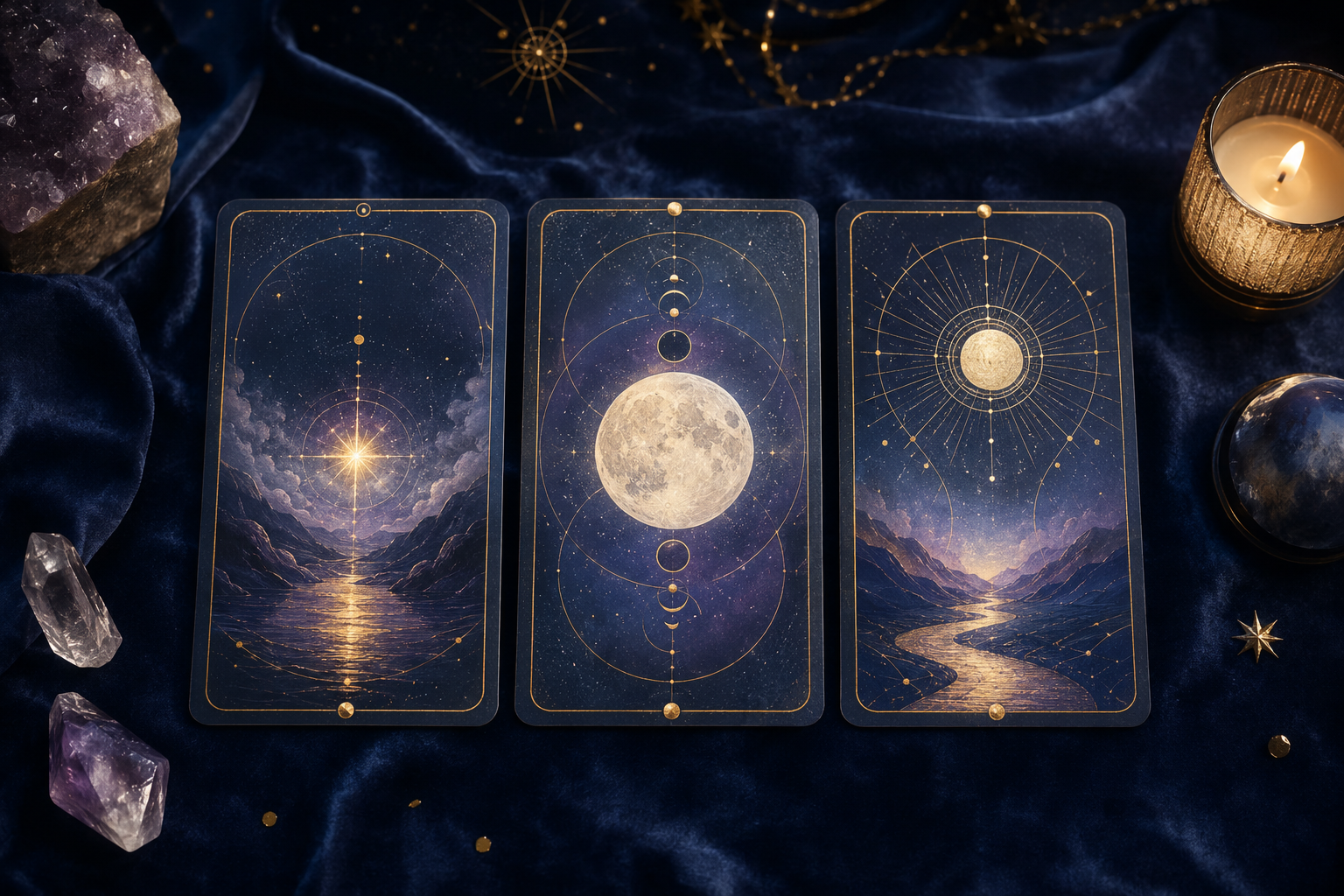 Diferentes tiradas de cartas sobre una mesa azul y dorada